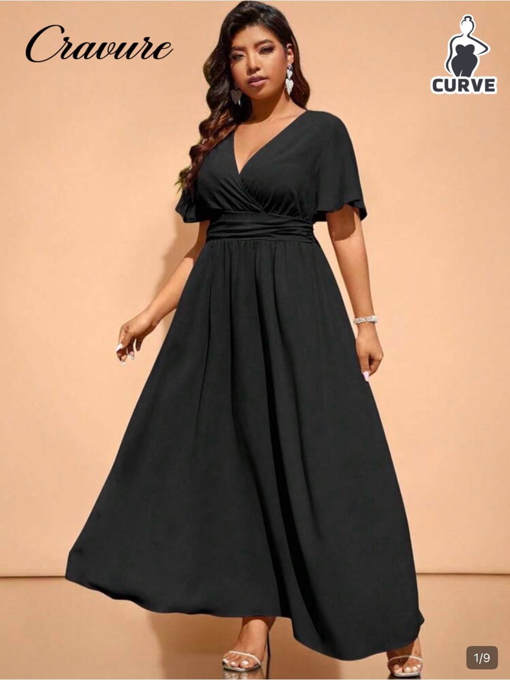SHEIN Black V-Neck Wrap Maxi Dress for Curve